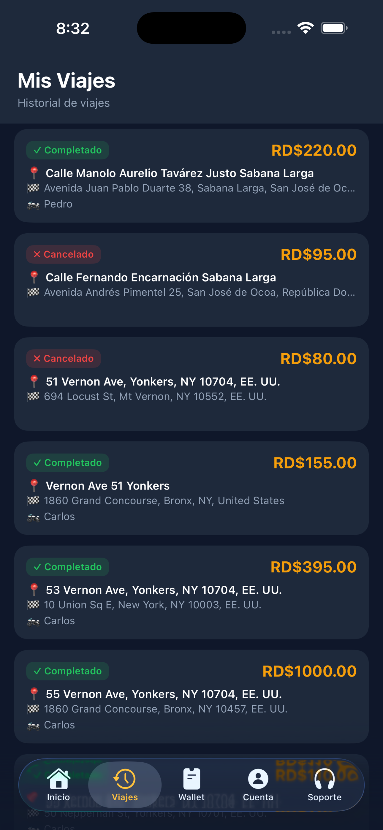 Historial de viajes — MotoCom
